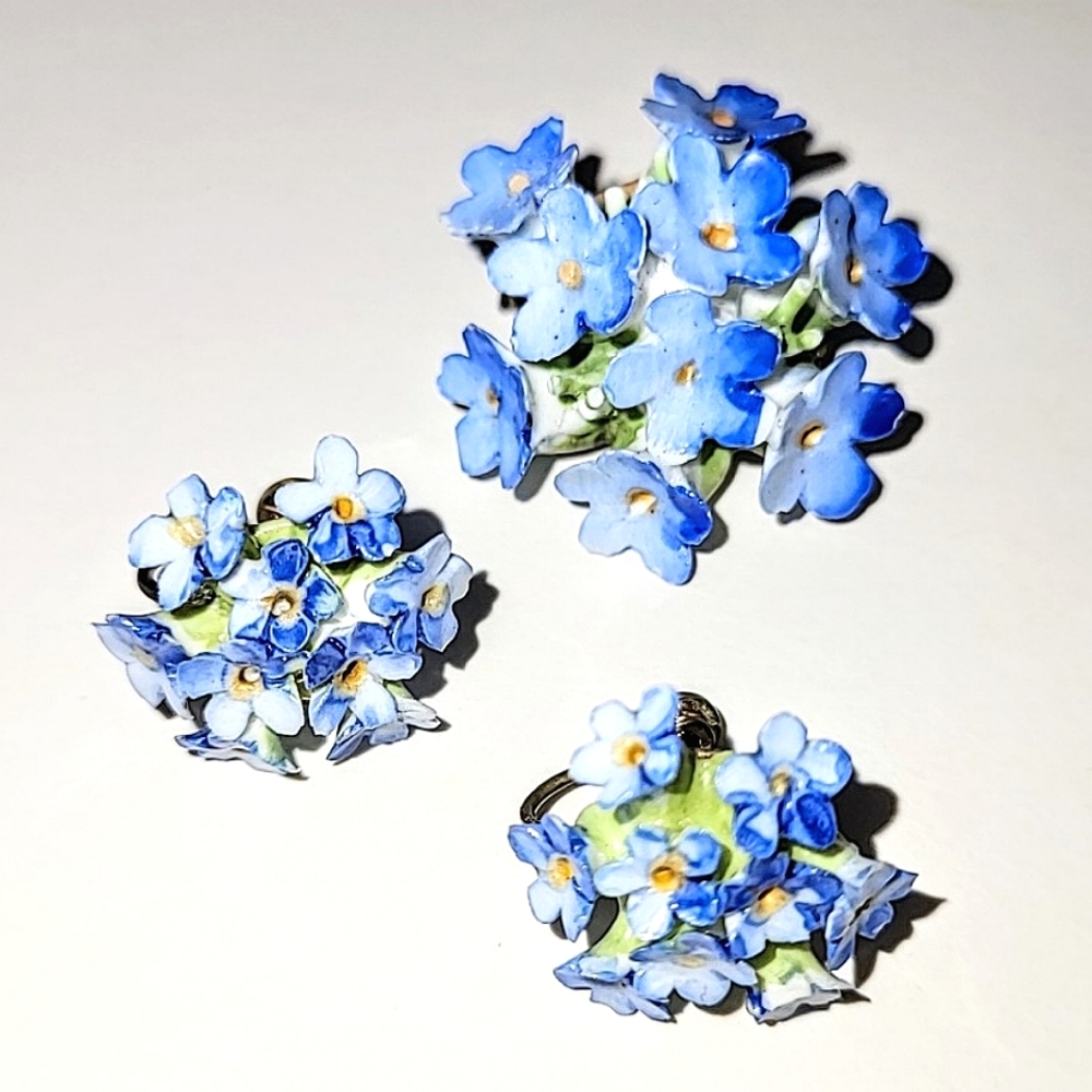 DENTON ENGLAND BLUE FORGET-ME-NOT CHINA BROOCH & EARRINGS SET - Picture 10 of 10